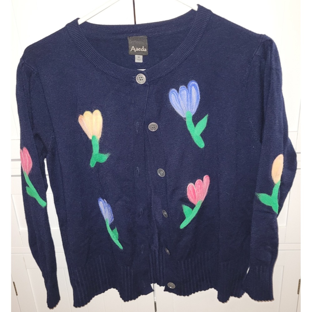 Aaeda Navy Blue Floral Tulip Felted Button Front Cardigan Sweater Womens Medium‎